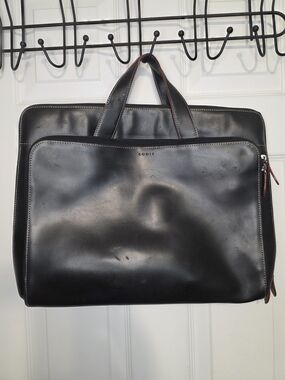 Lodis Black Leather Laptop Briefcase Shoulder Strap, Solid, Zip Closure